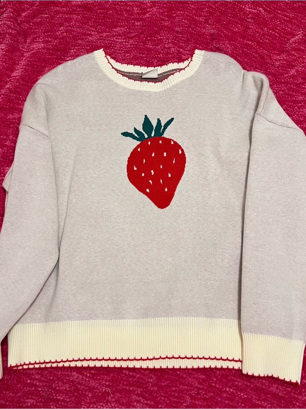 Nikka K Cream Crewneck Sweater with Red Strawberry Motif, size XL